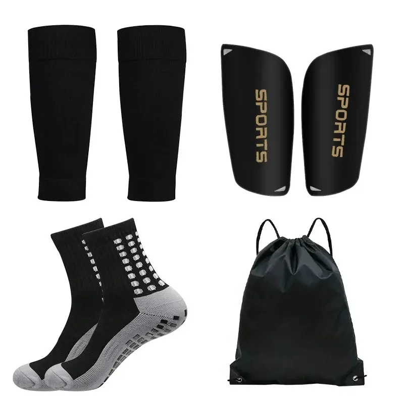 Football training set: leg sleeves, shin guards, grip socks and bag — representative supplier photograph