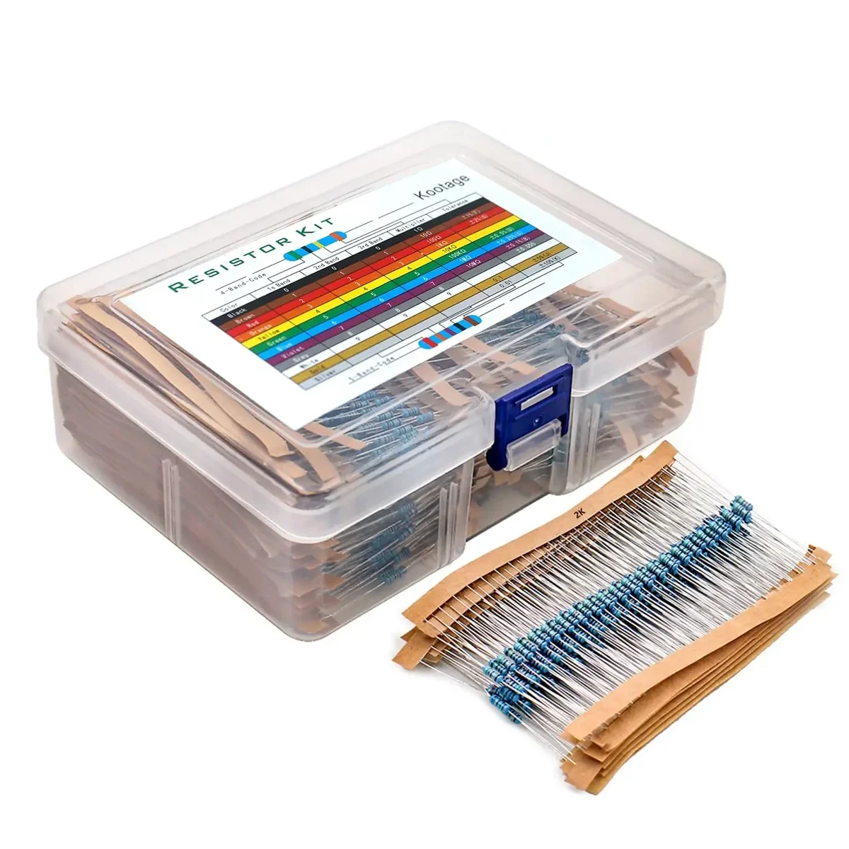 Metal film resistor kit, 300 pieces, 30 values from 10 ohm to 1 megohm — representative supplier photograph