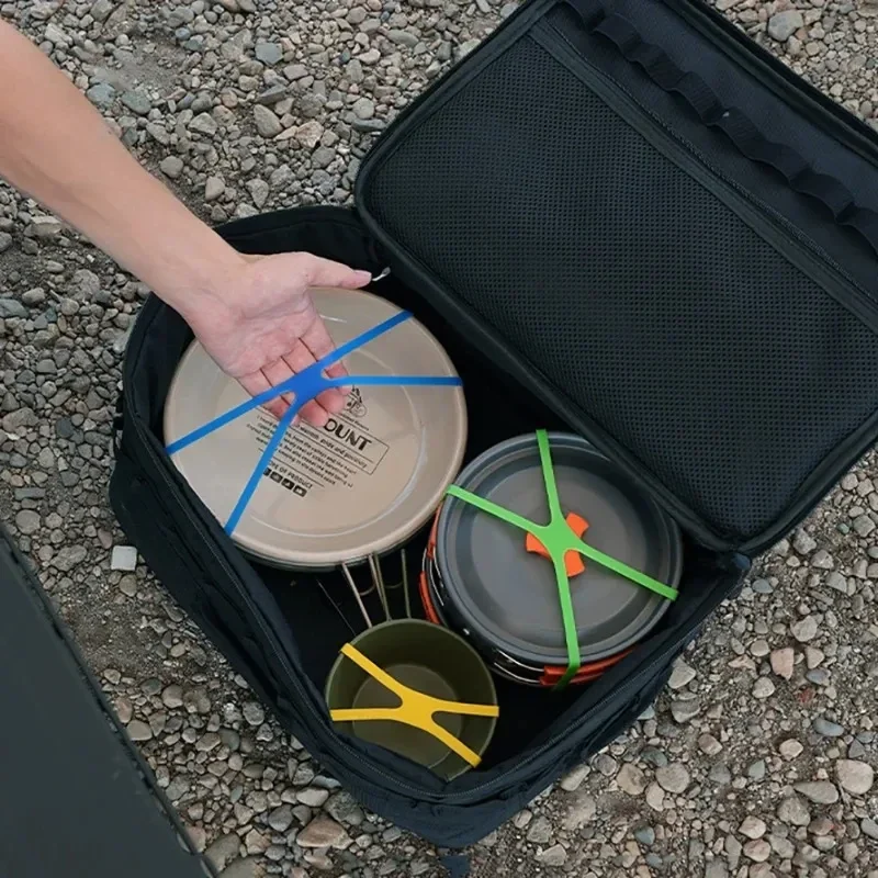 Silicone cross bands for strapping camp gear, short or long