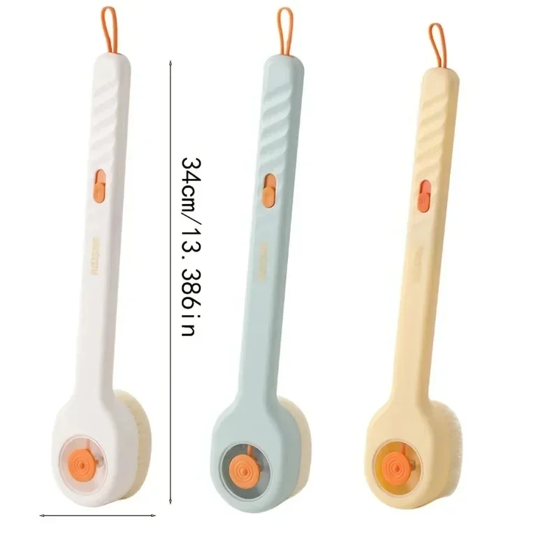 Long-handled bath brush with soap dispenser and soft bristles — representative supplier photograph