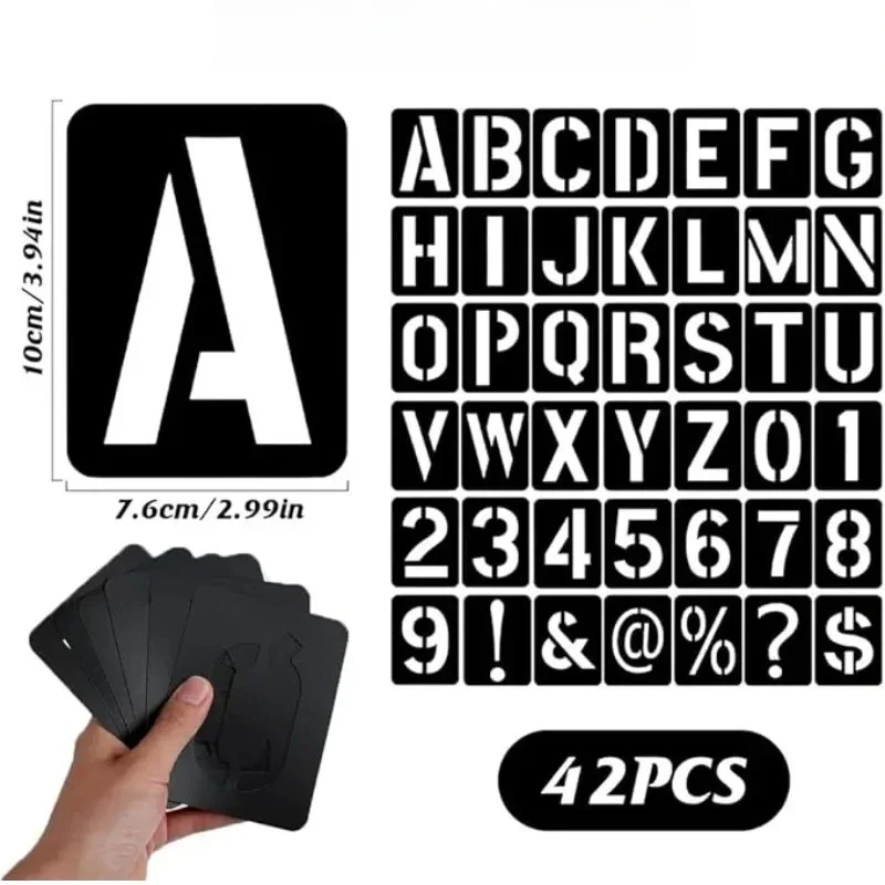 Alphabet and number stencil set, 42 pieces — representative supplier photograph