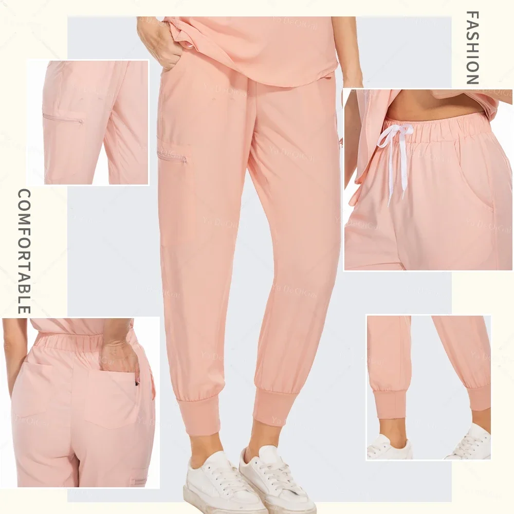 Scrub-style uniform set, stand-collar top and jogger pants, S to XXL — representative supplier photograph