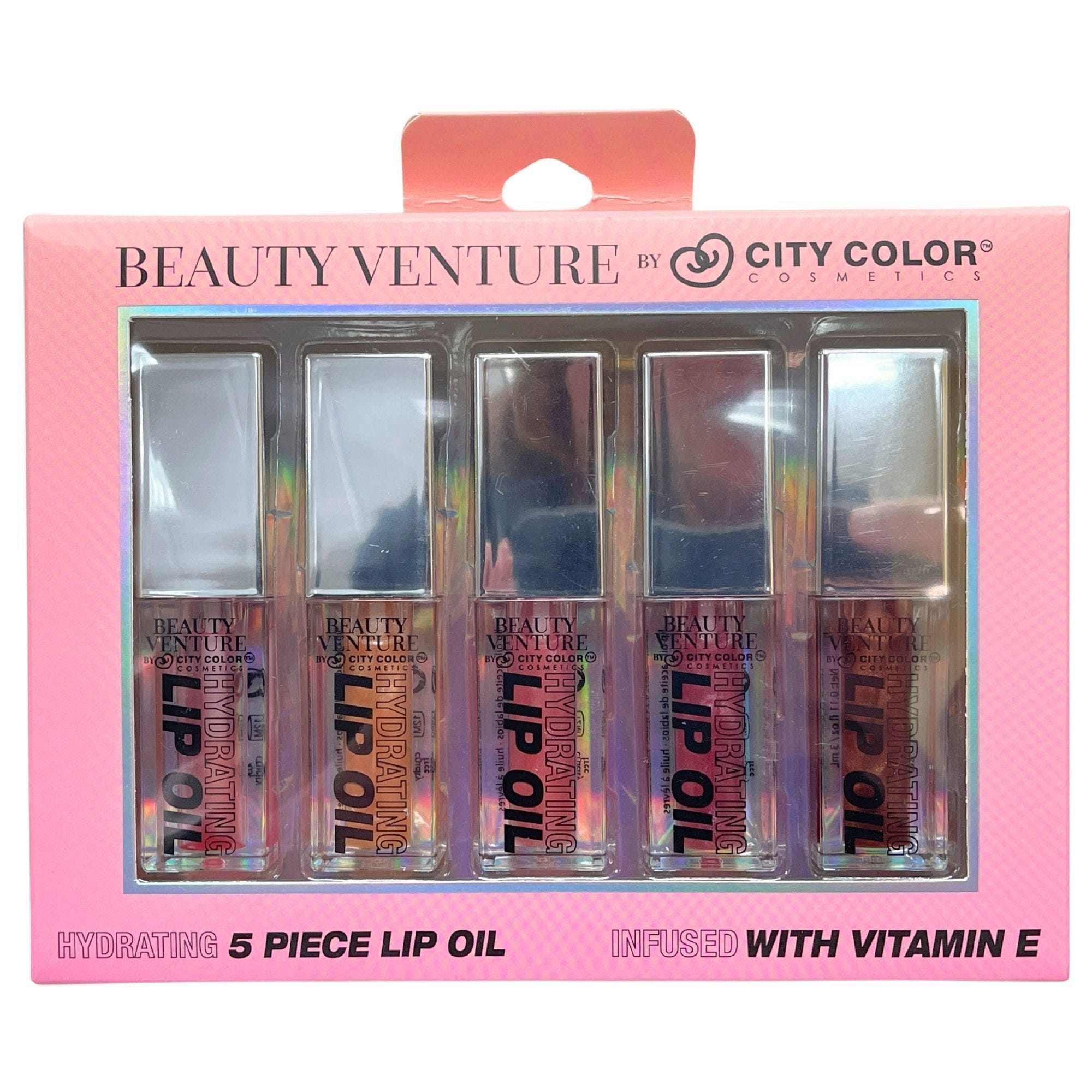 Bulk 12-Pack: Beauty Venture 5 Piece Lip Oil Set Infused with Vitamin E in Shimmer Tones