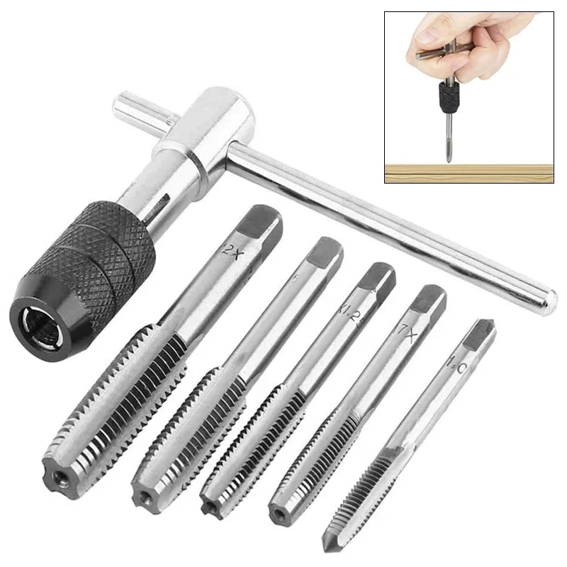 T-handle tap wrench, alone or with M3 to M8 taps — representative supplier photograph