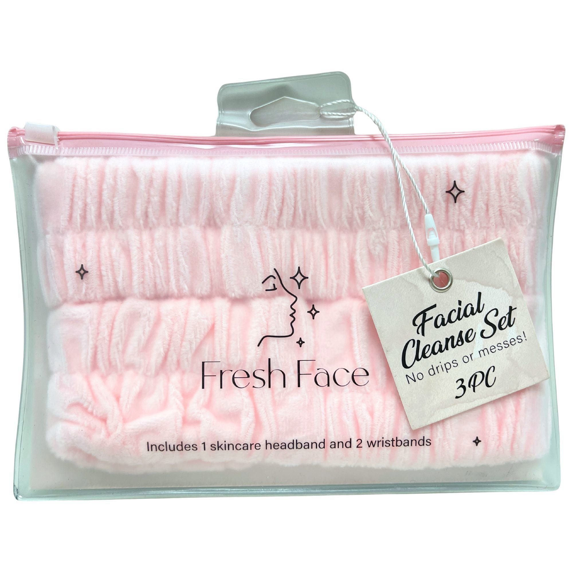 Bulk 24-Pack: Fresh Face 3 Piece Fleece Facial Cleanse Headband and Wristband Set in Soft Pink