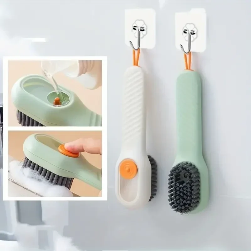 Soap-dispensing shoe and laundry scrub brush, soft bristles — representative supplier photograph