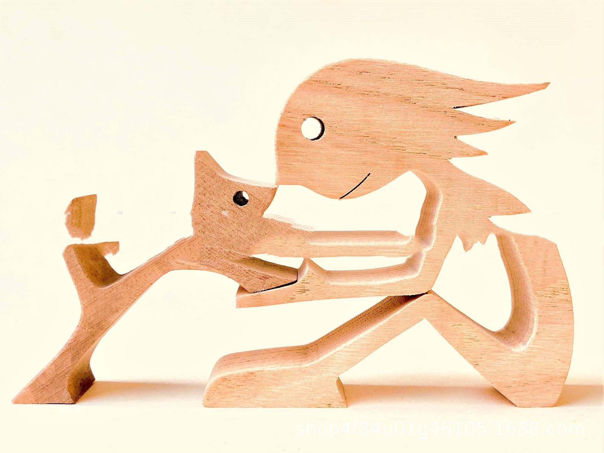 DIY Figurine Wood Dog Ornament Sculpture Home Decoration A Man A Dog Wood Sculpture Christmas Gifts Model Decor — 13style