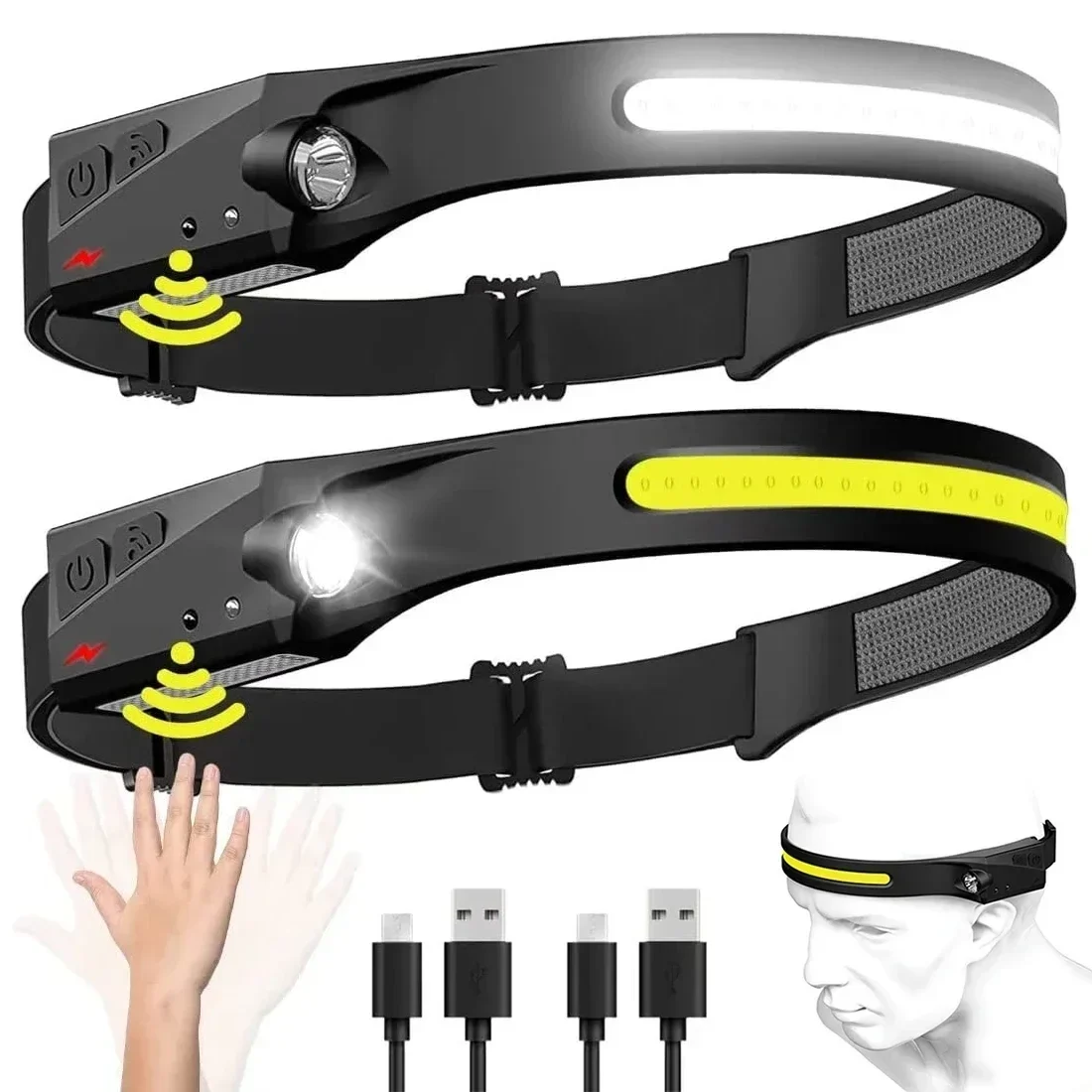 Wide-beam LED band headlamp with spotlight and wave sensor, USB rechargeable