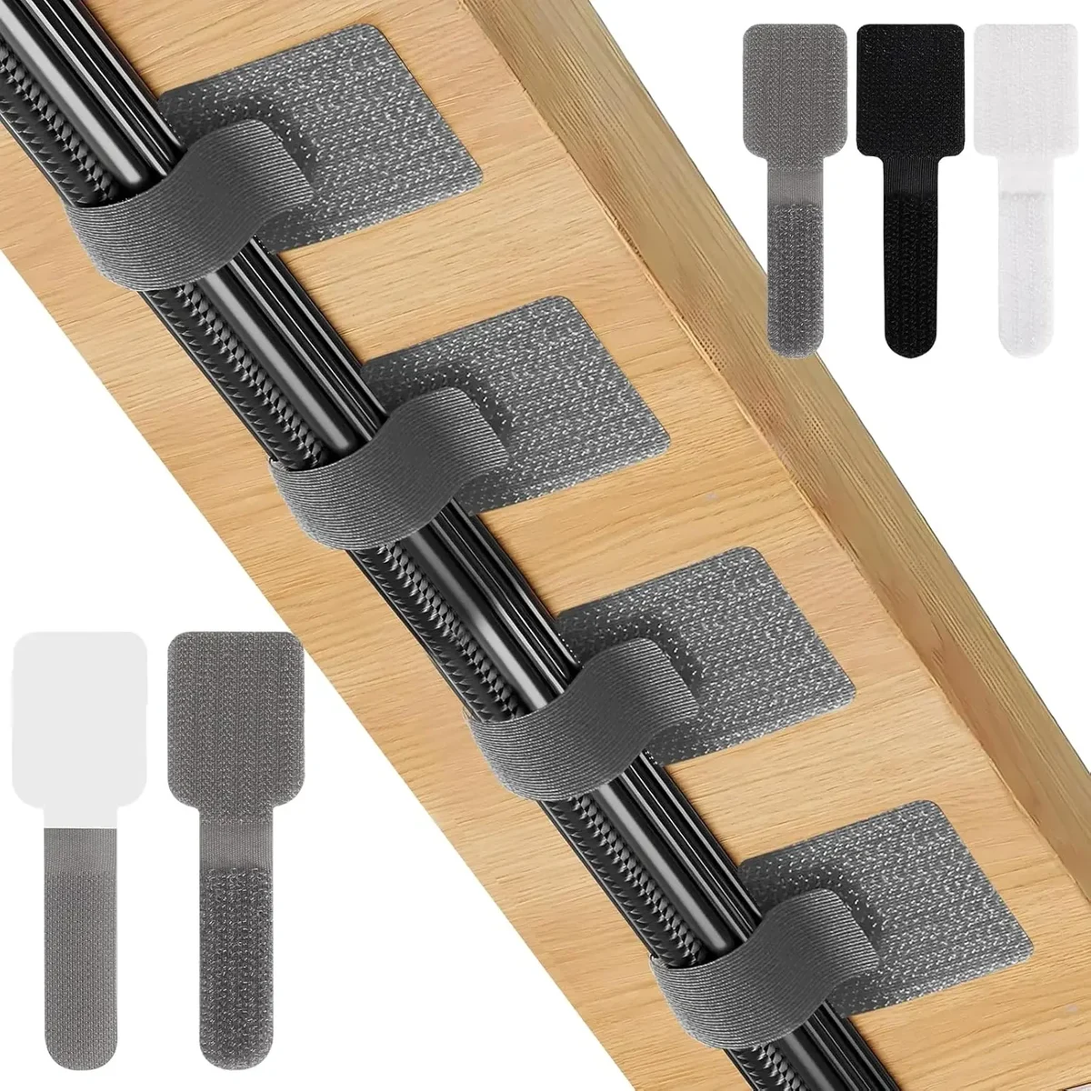 Self-adhesive reusable cable ties, black, white or grey, 1 to 20 pack — representative supplier photograph