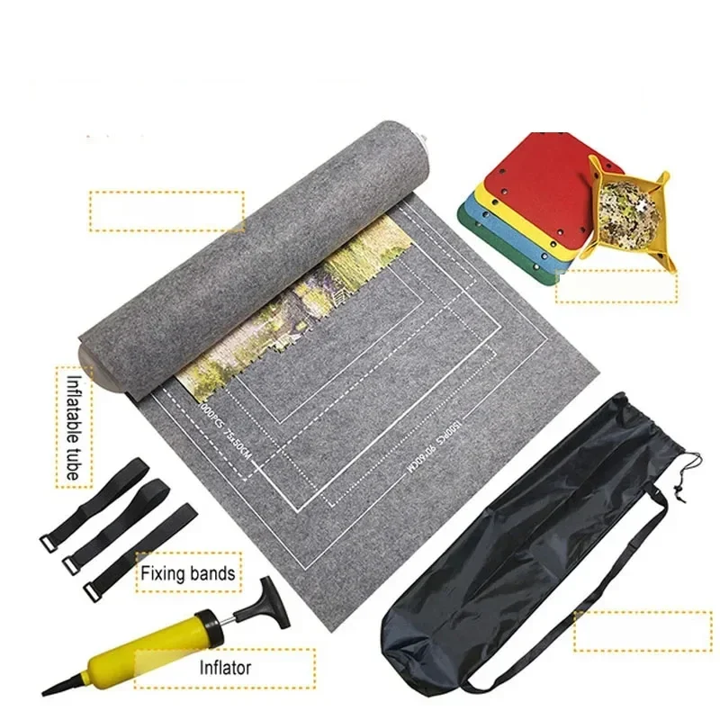 Jigsaw puzzle roll-up mat set with inflatable tube and sorting trays, grey — representative supplier photograph