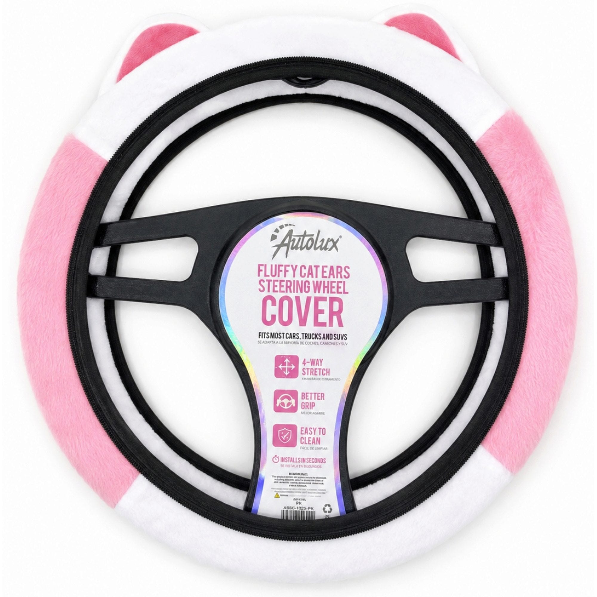 Bulk 12-Pack: Auto Lux Fluffy Cat Ears Steering Wheel Cover in Pink & White