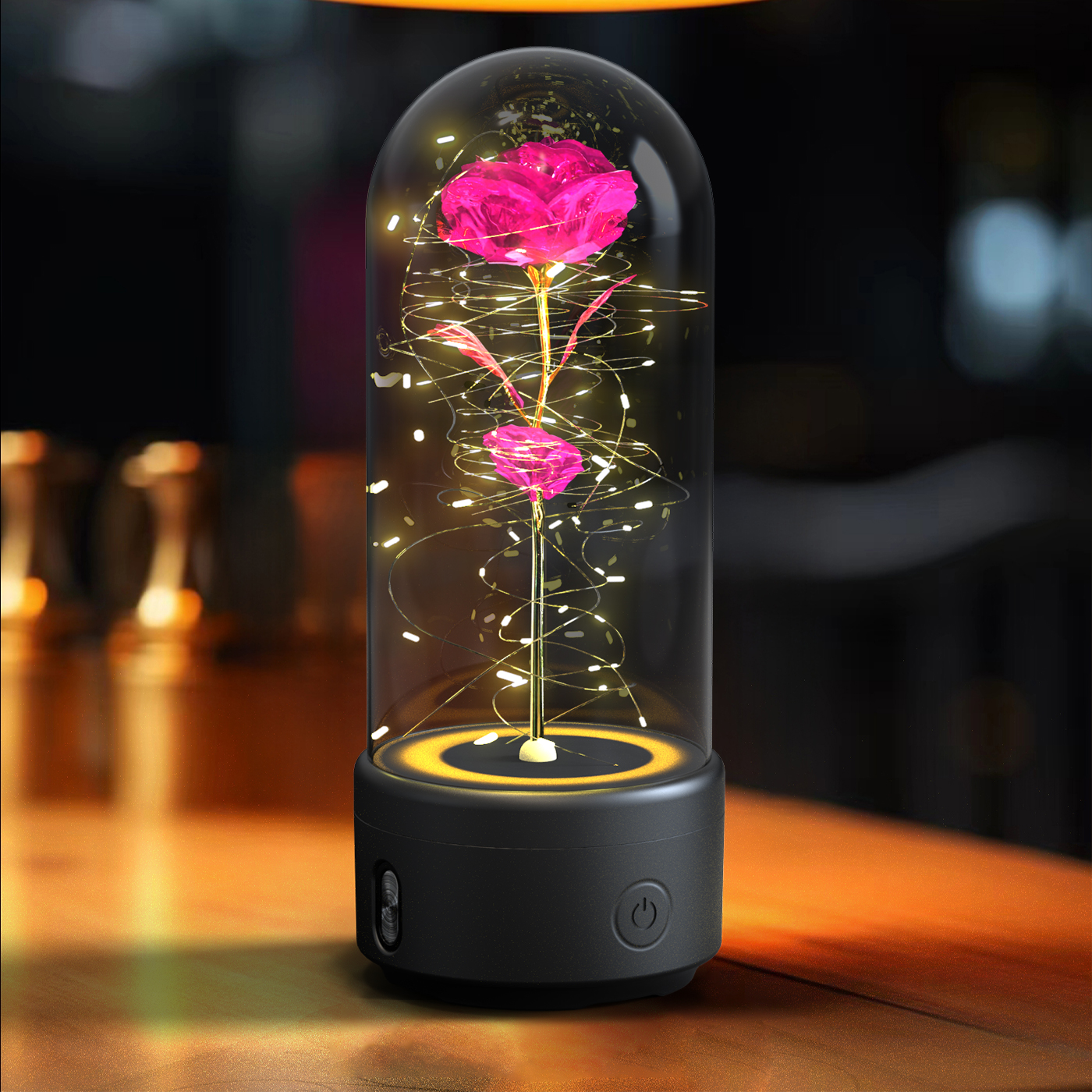 Creative 2 In 1 Rose Flowers LED Light And Bluetooth-compatible Speaker Valentine's Day Gift Rose Luminous Night Light Ornament In Glass Cover — Black Base Color Flower