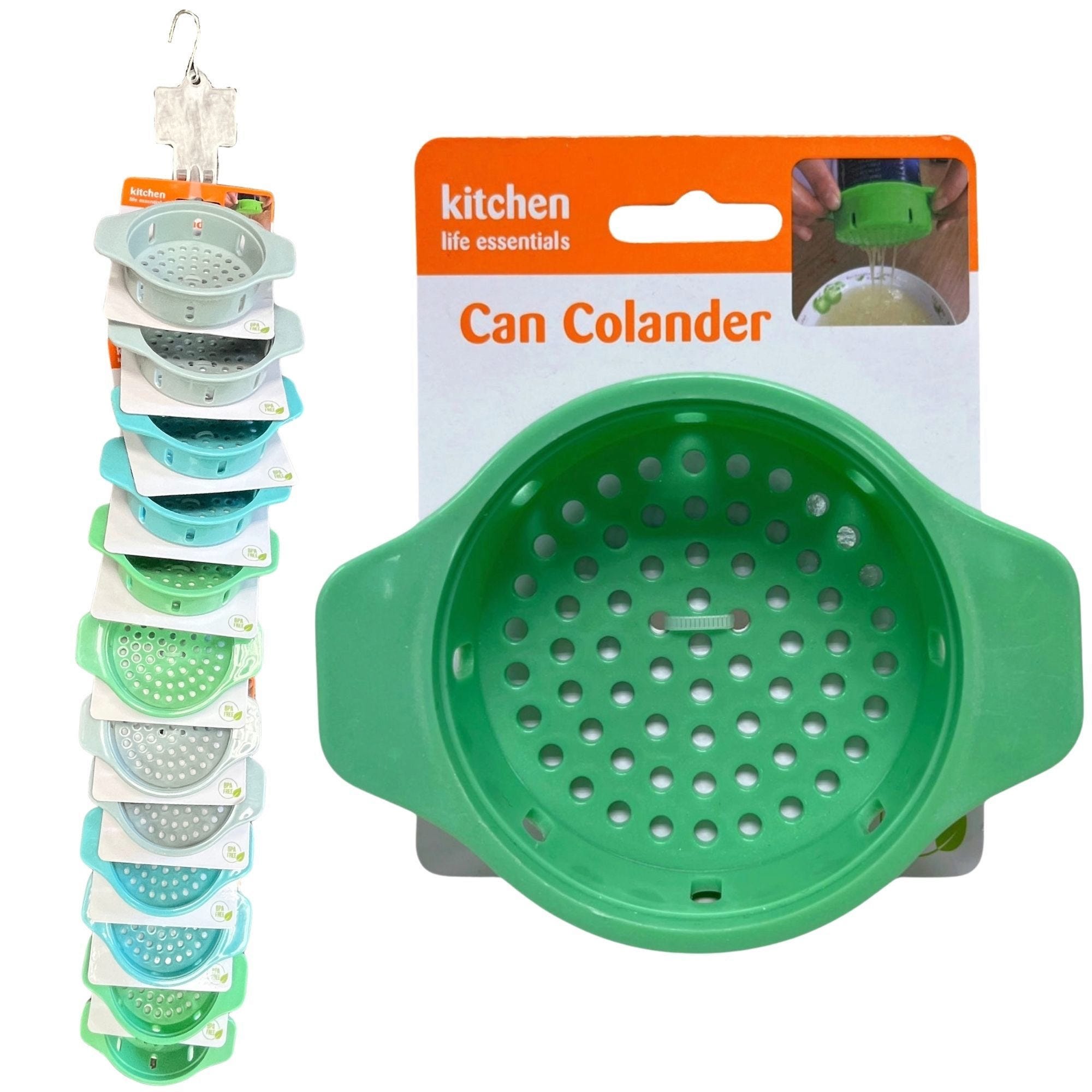 Bulk 48-Pack: Kitchen Life Essentials Teal Plastic Can Colander on Clip Strip