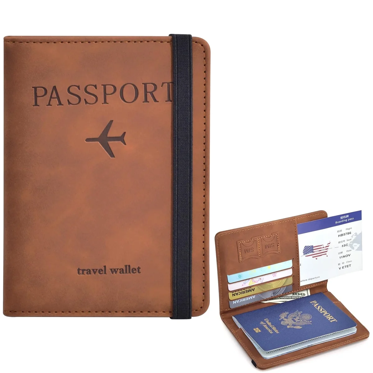 Passport wallet with elastic strap, faux leather travel organizer — representative supplier photograph