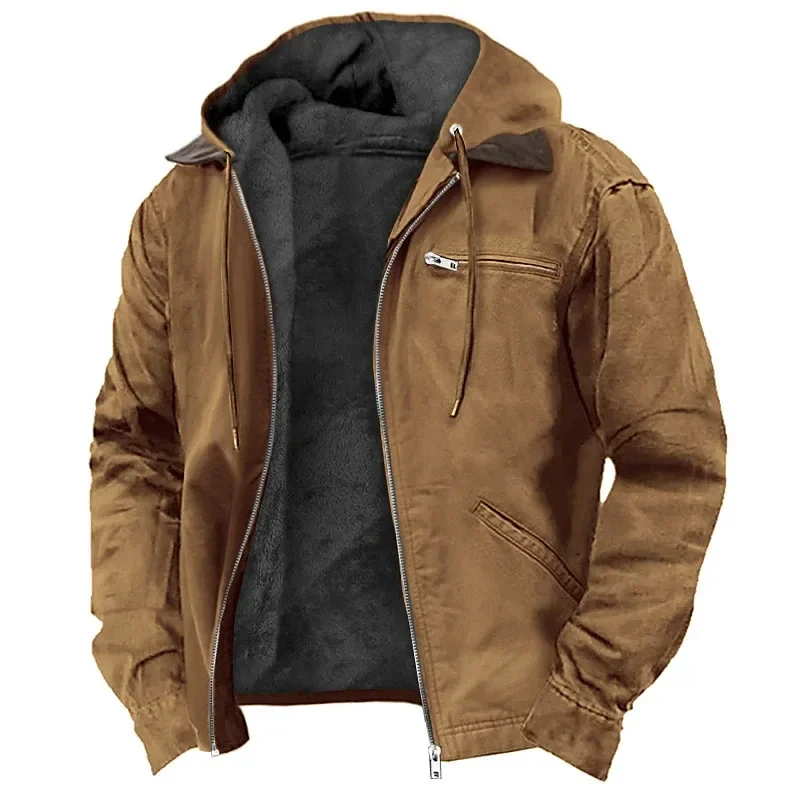 Men's fleece-lined zip jacket with detachable-look hood and chest pockets, S to 3XL — representative supplier photograph