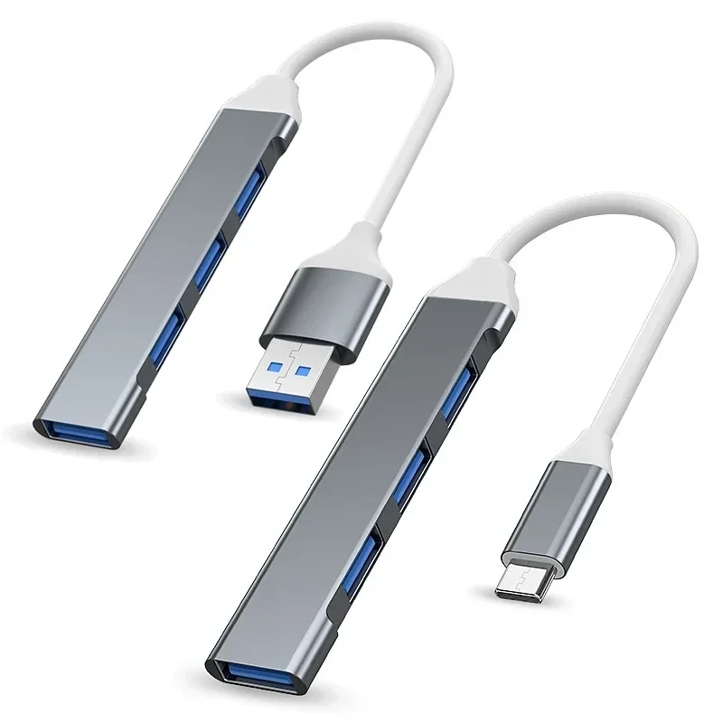 Slim 4-port USB hub with USB-A or USB-C plug, compatible with Windows, macOS and Linux — representative supplier photograph