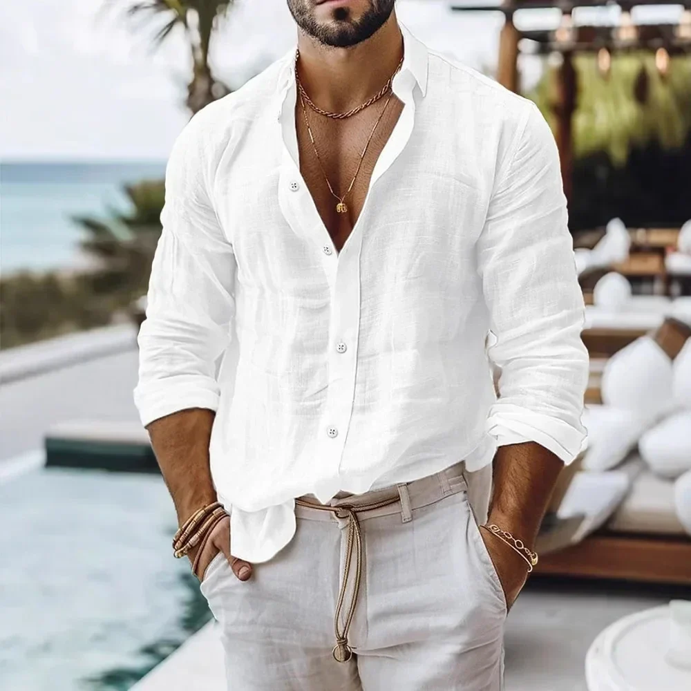 Men's long-sleeve cotton-linen beach shirt — representative supplier photograph