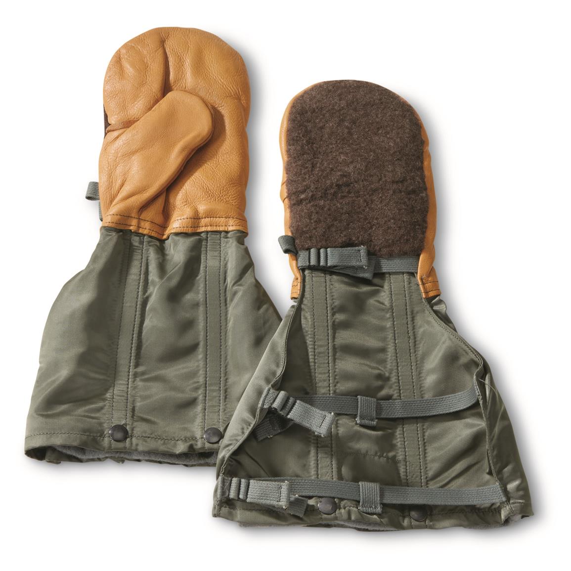 U.S. Military Surplus Fur Backed Nylon Leather Flyers Mitts with Wool Liners, New — Olive Drab / MEDIUM