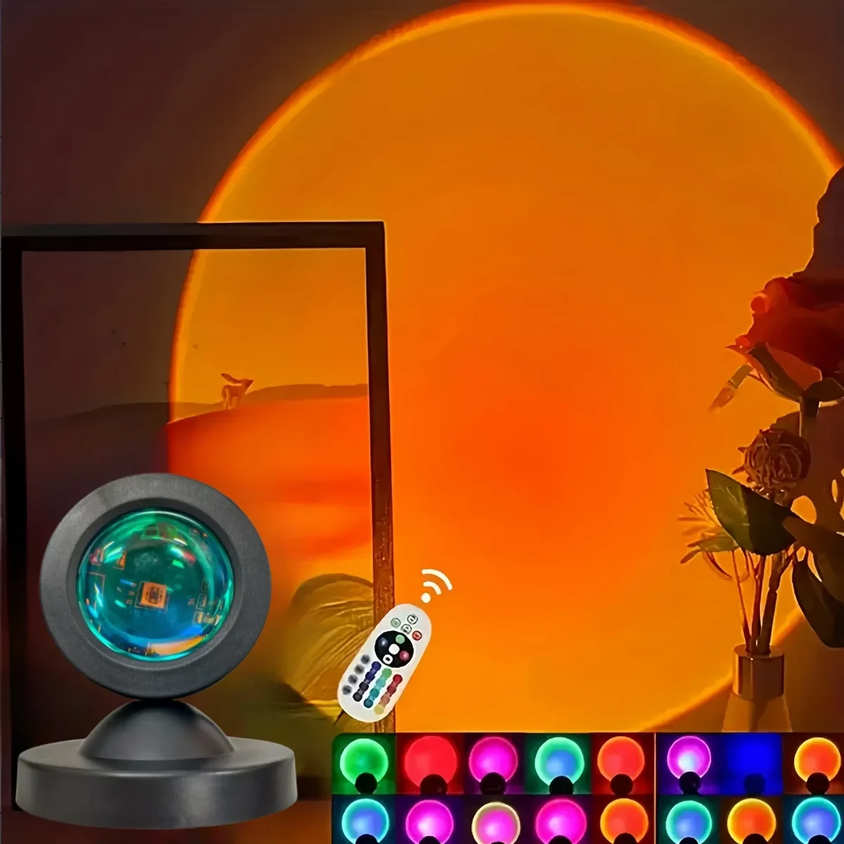 USB sunset projection lamp with remote, 16 colours — representative supplier photograph
