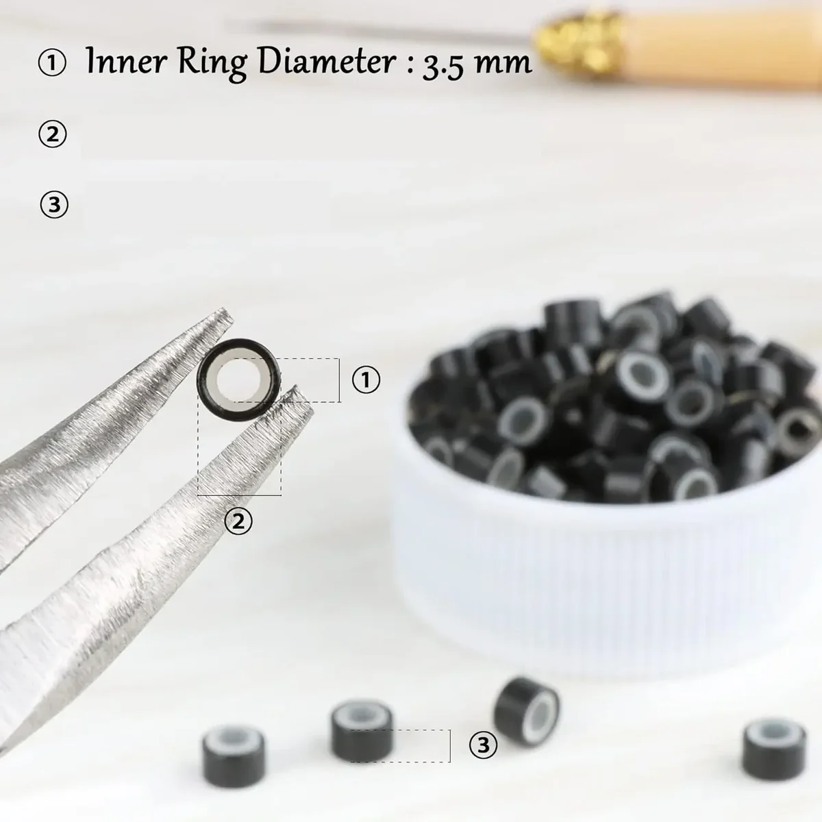 Silicone-lined micro ring beads for hair extensions, 5 mm, jar of 1,000 — representative supplier photograph