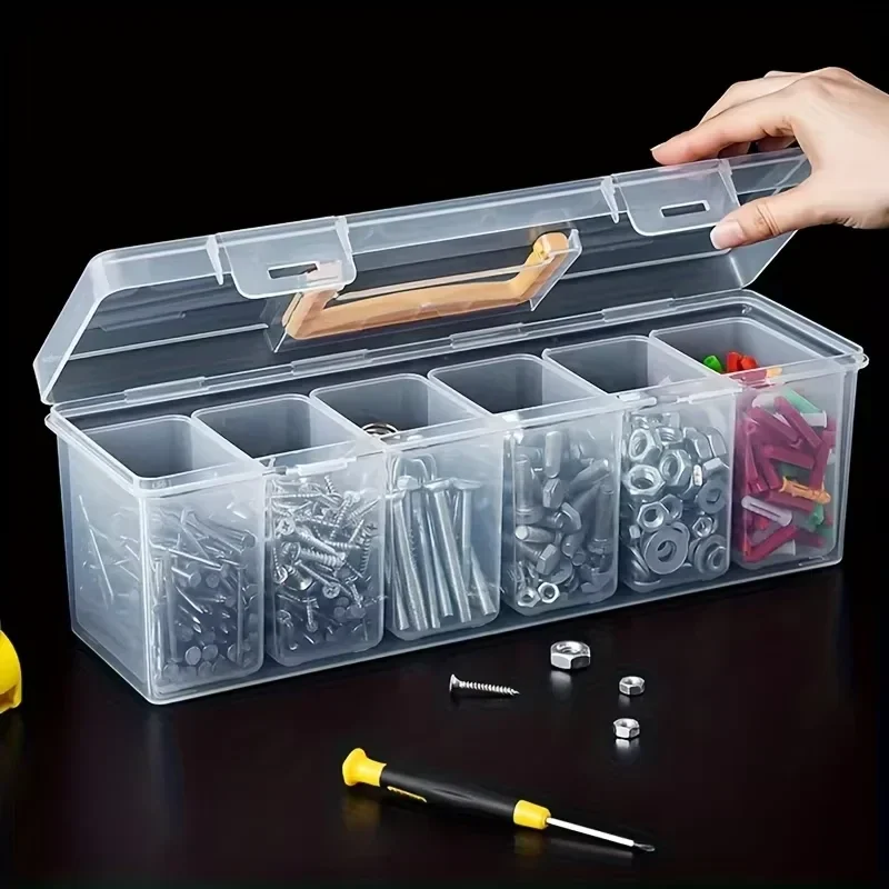 Clear parts organizer box with handle, optional 6 inner bins — representative supplier photograph