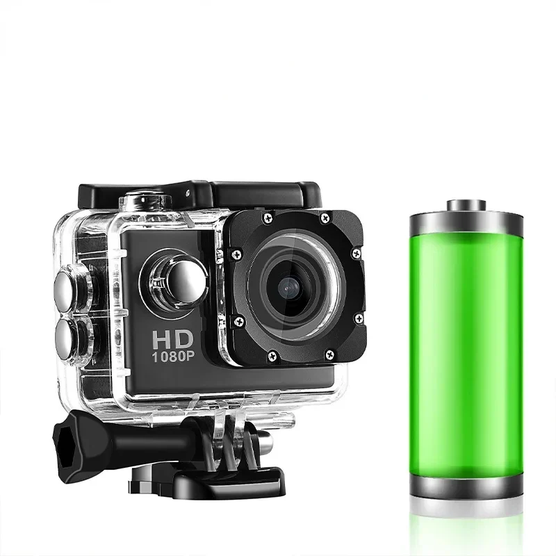 Waterproof HD action camera with 30 m case and 2-inch screen — representative supplier photograph