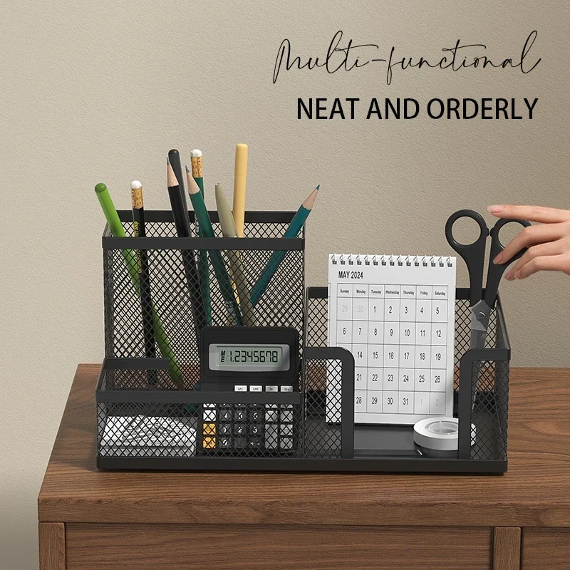 Black mesh desk organiser with pen cup and trays — representative supplier photograph