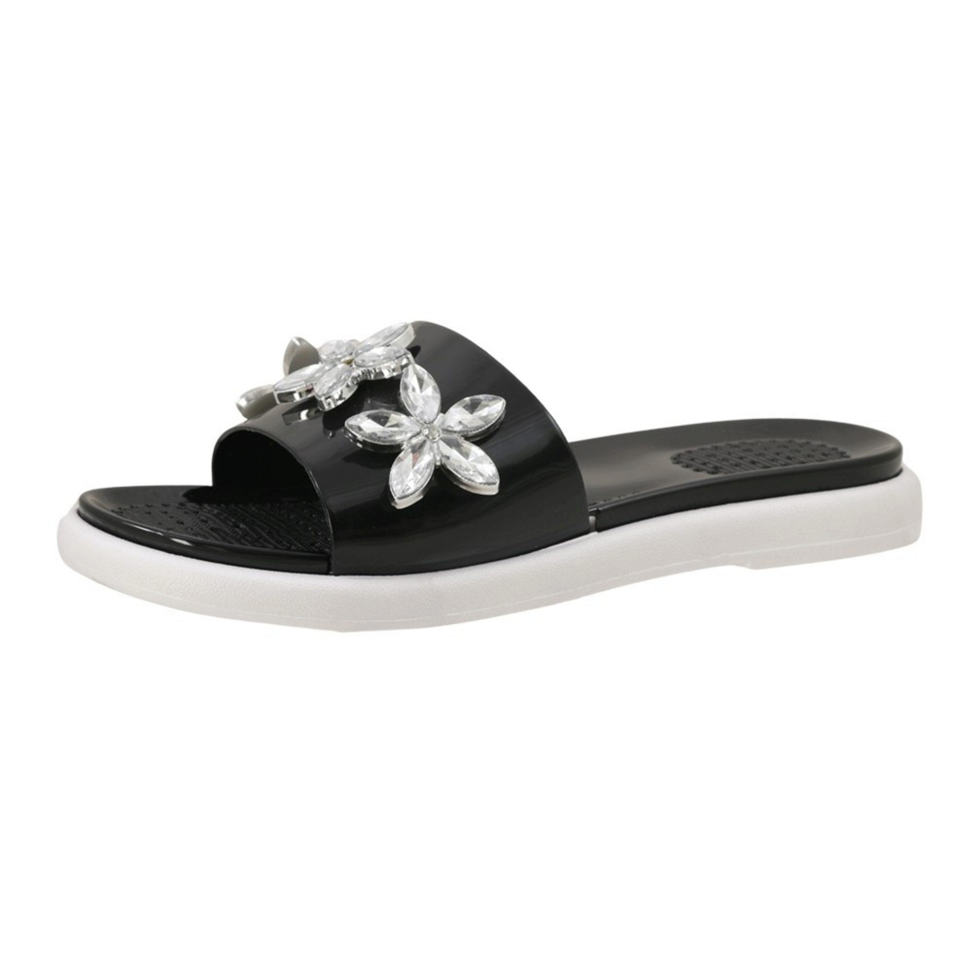 Bulk 15-Pack: Women's Rhinestone Flower Comfort Insole Slide Sandals in Black Size 6-10