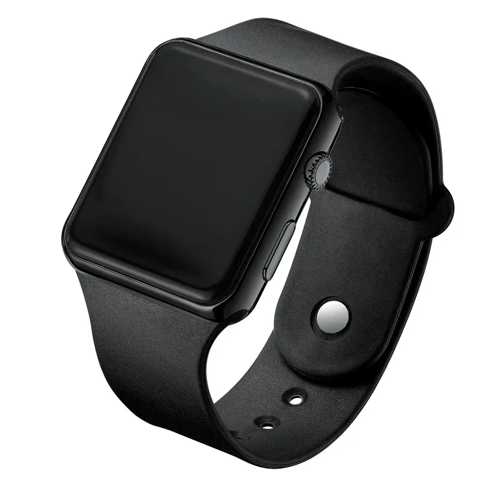 Square LED digital watch with silicone strap, black — representative supplier photograph
