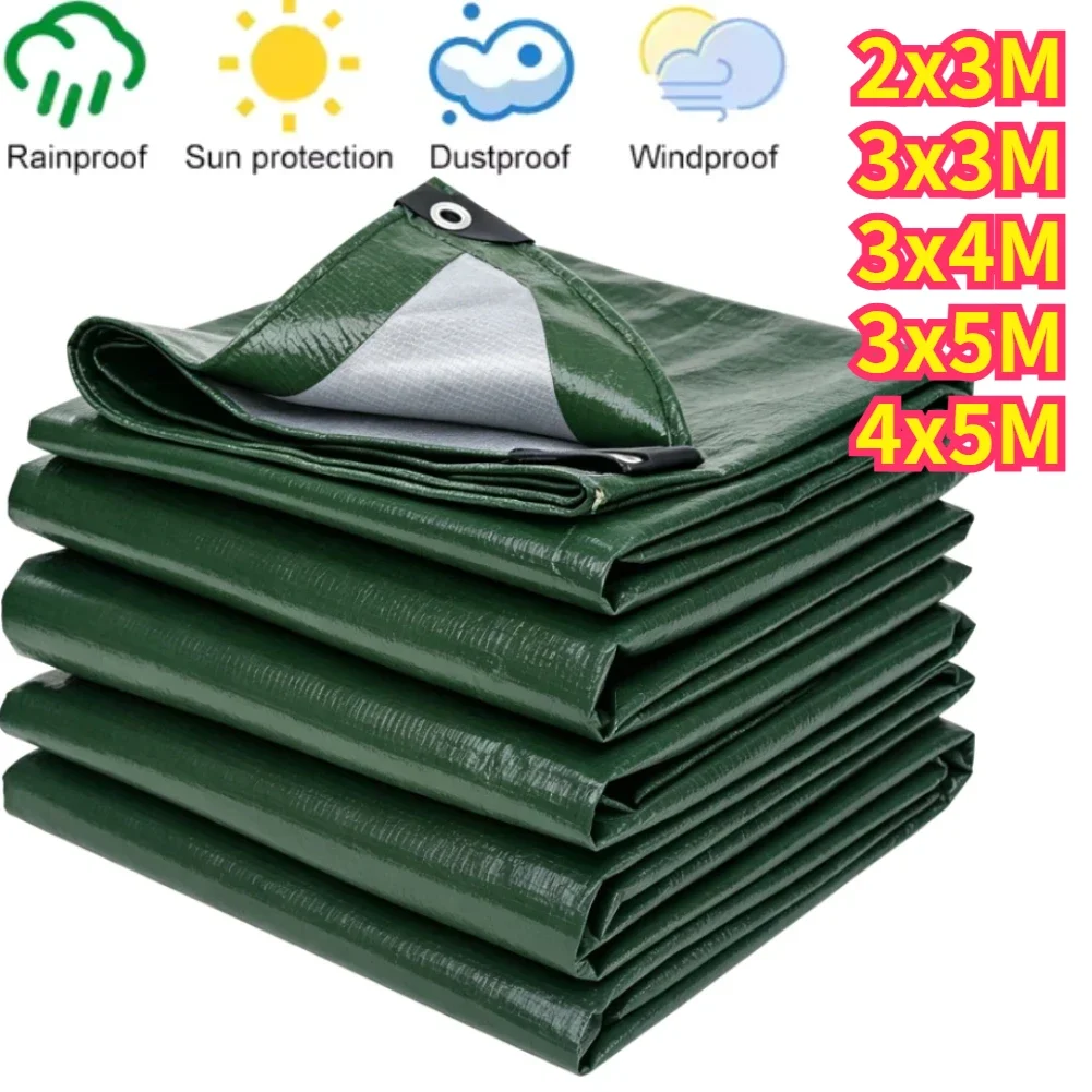 Waterproof tarp with metal grommets, green or blue — representative supplier photograph
