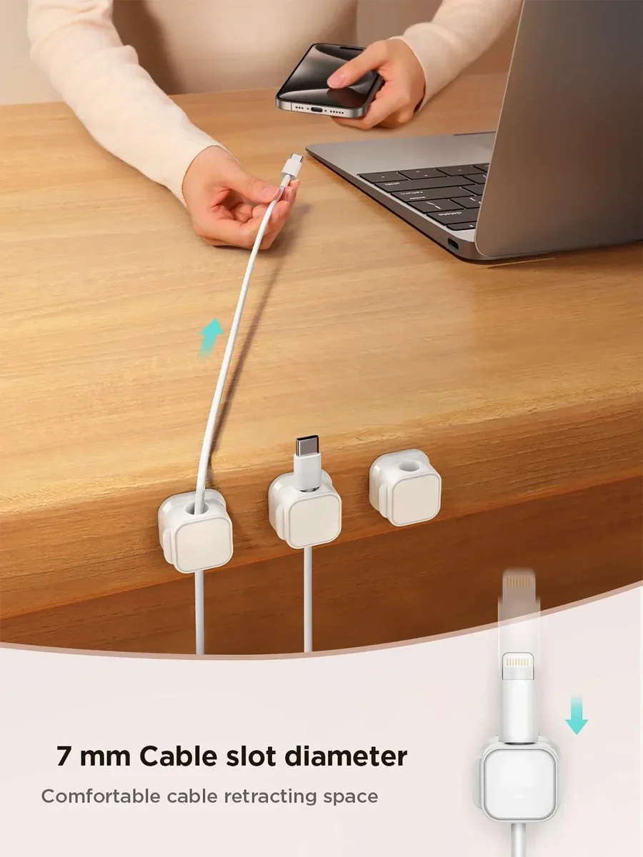 Adhesive cable clips for desks and walls, compatible with charging, USB and HDMI cables — representative supplier photograph