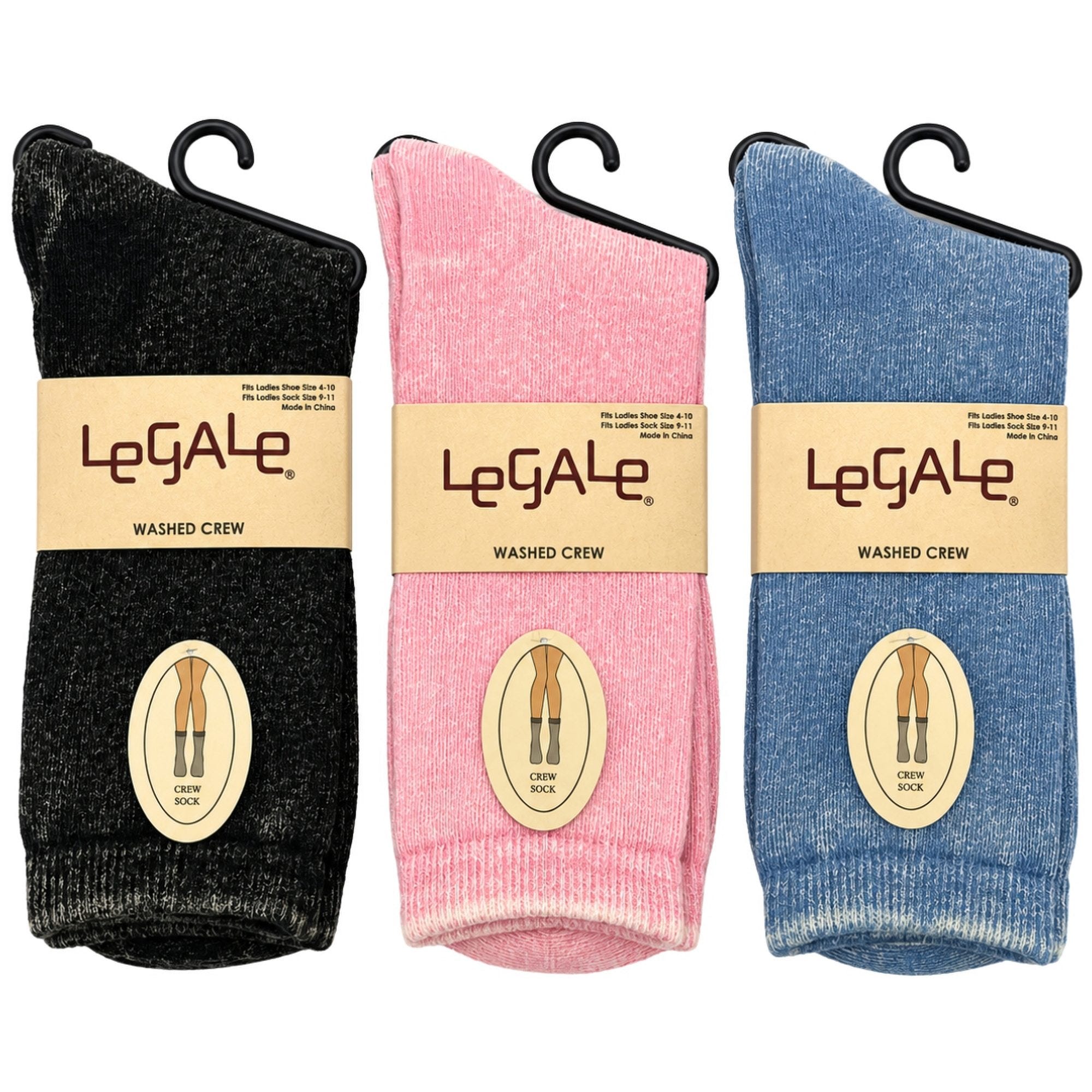 Bulk 45-Pack: Legale 1 Pair Crew Socks Washed Garment Dyed Assorted Colors Ladies Shoe Size 4-10