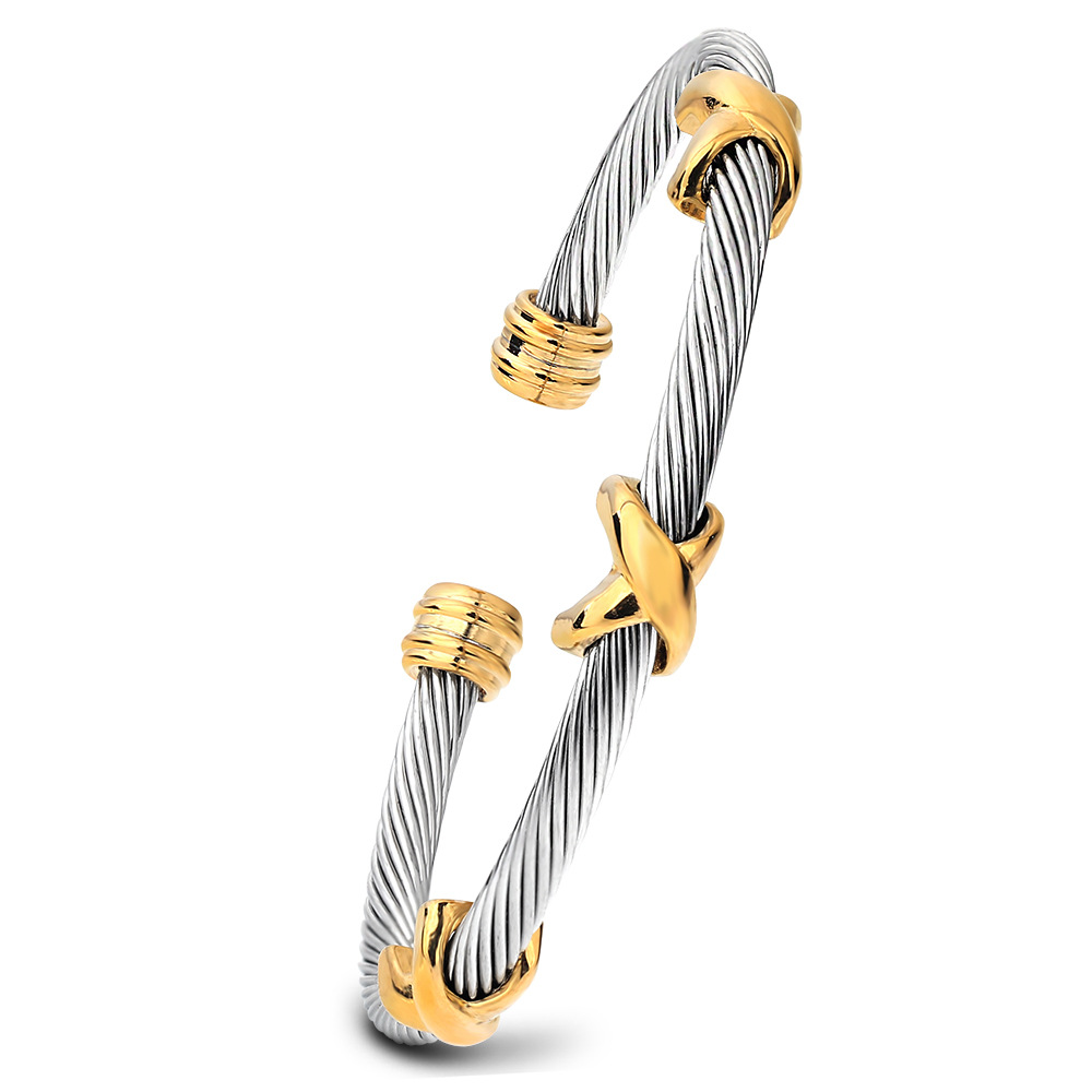 Trendy Titanium Steel Individual Twist Opening Adjustable Steel Wire Wild Bracelet — Golden
