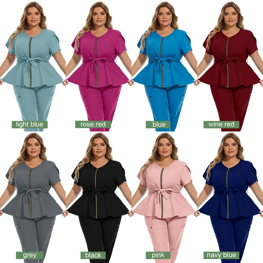 Women's spa and salon uniform set, zip-front belted top and pants, S to XXL — representative supplier photograph