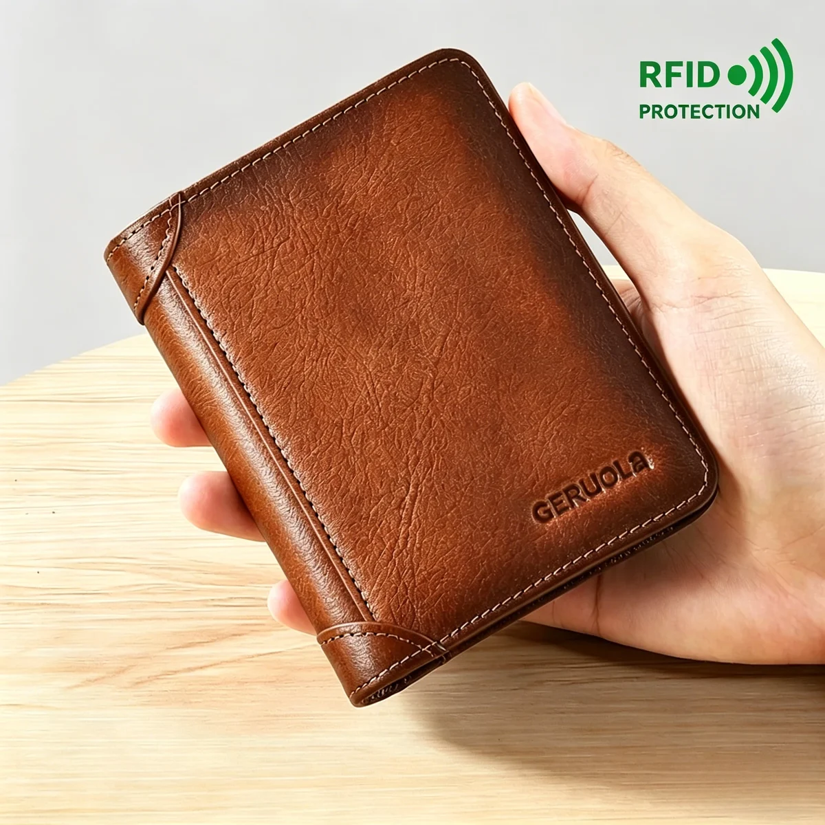 Men's leather trifold wallet with ID window — representative supplier photograph