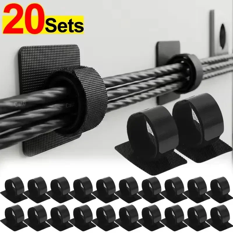 Adhesive under-desk cable holders with hook-and-loop straps, 4 to 40 sets — representative supplier photograph