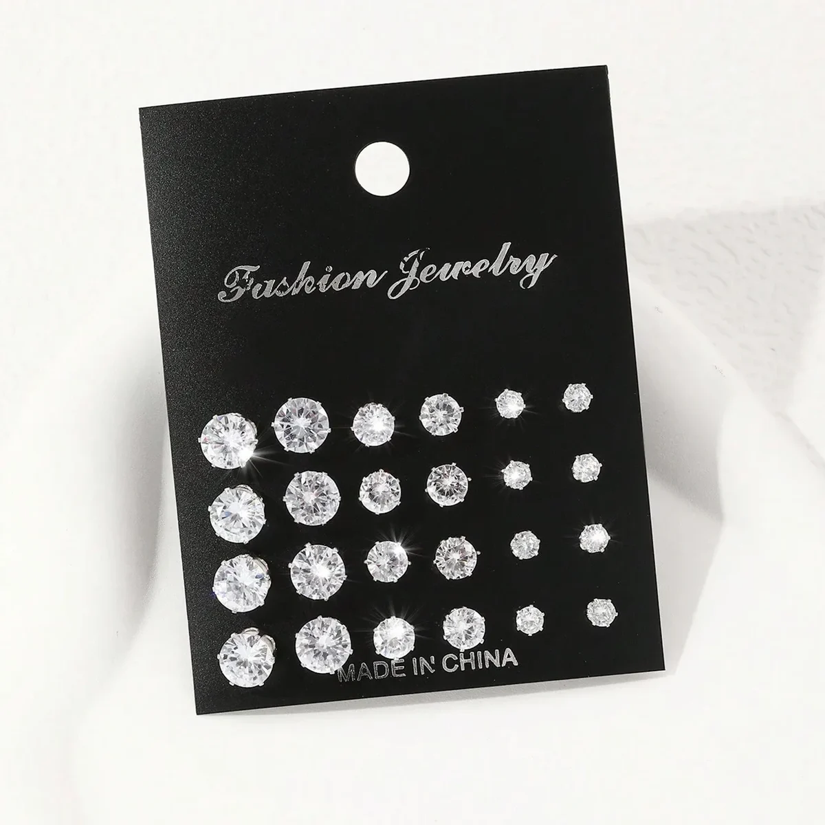 Cubic zirconia stud earring set, 12 pairs in mixed sizes