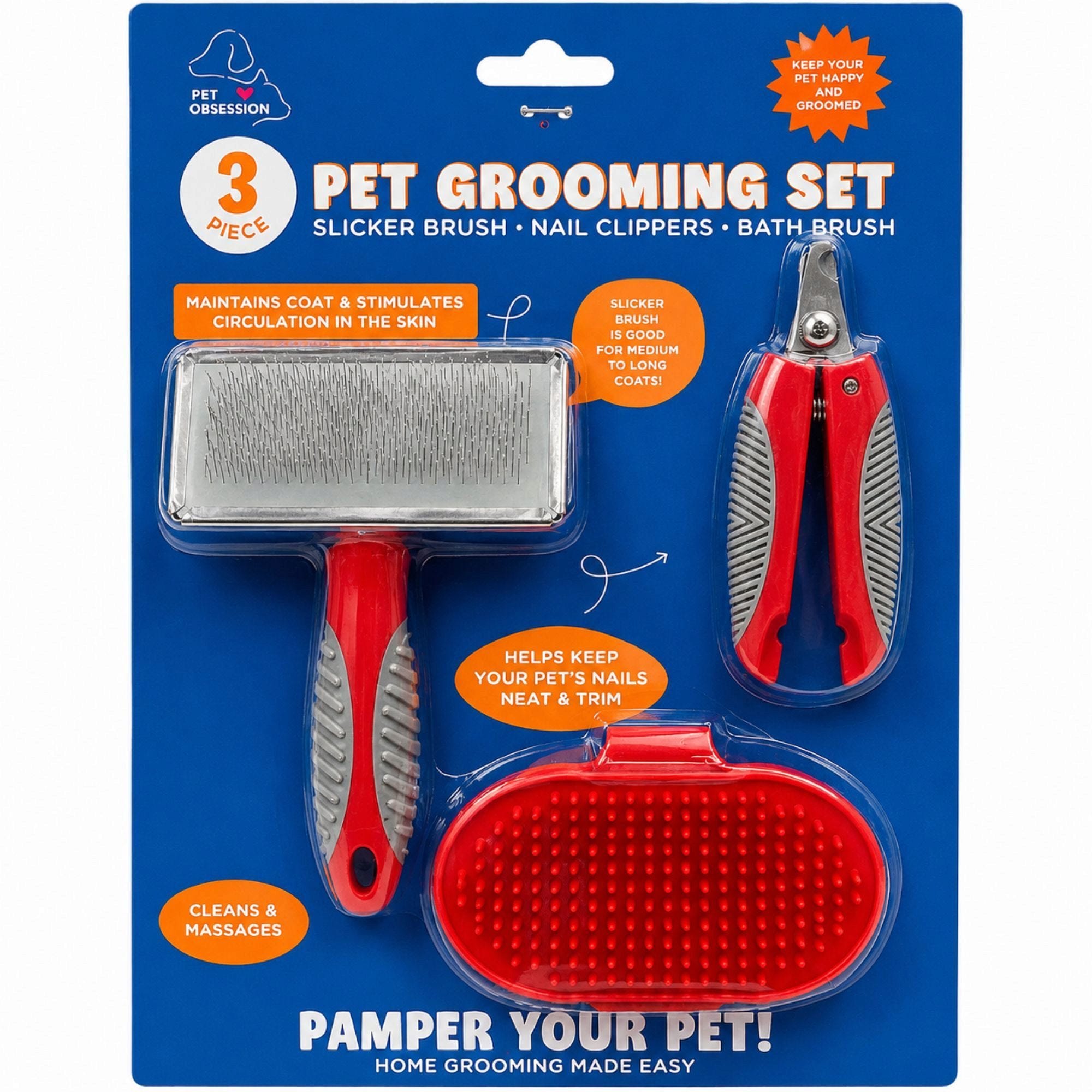 Pet Obsesson 3 Piece Pet Grooming Set with Slicker Brush Nail Clippers and Bath Brush in Assorted Colors (pack of 8)
