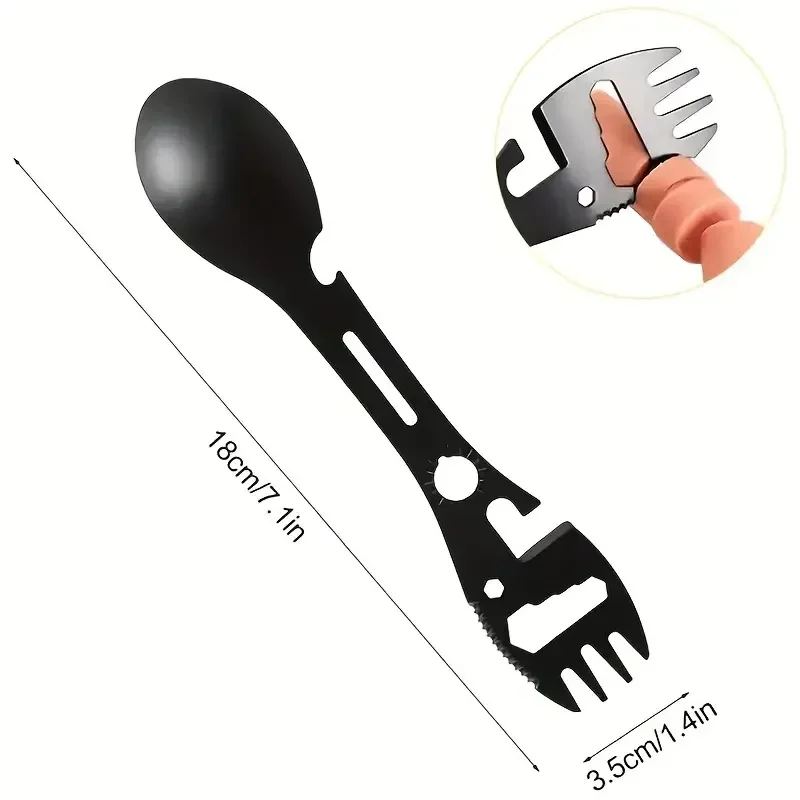 Camping spork multi-tool: fork, spoon, bottle opener and wrenches — representative supplier photograph