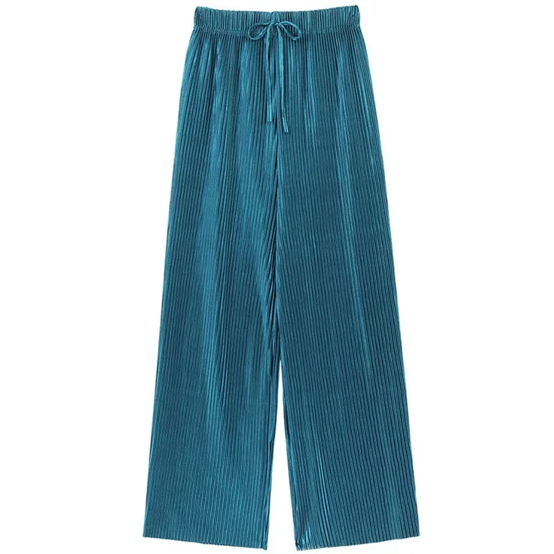Women's pleated wide-leg pants with elastic drawstring waist, one size — representative supplier photograph