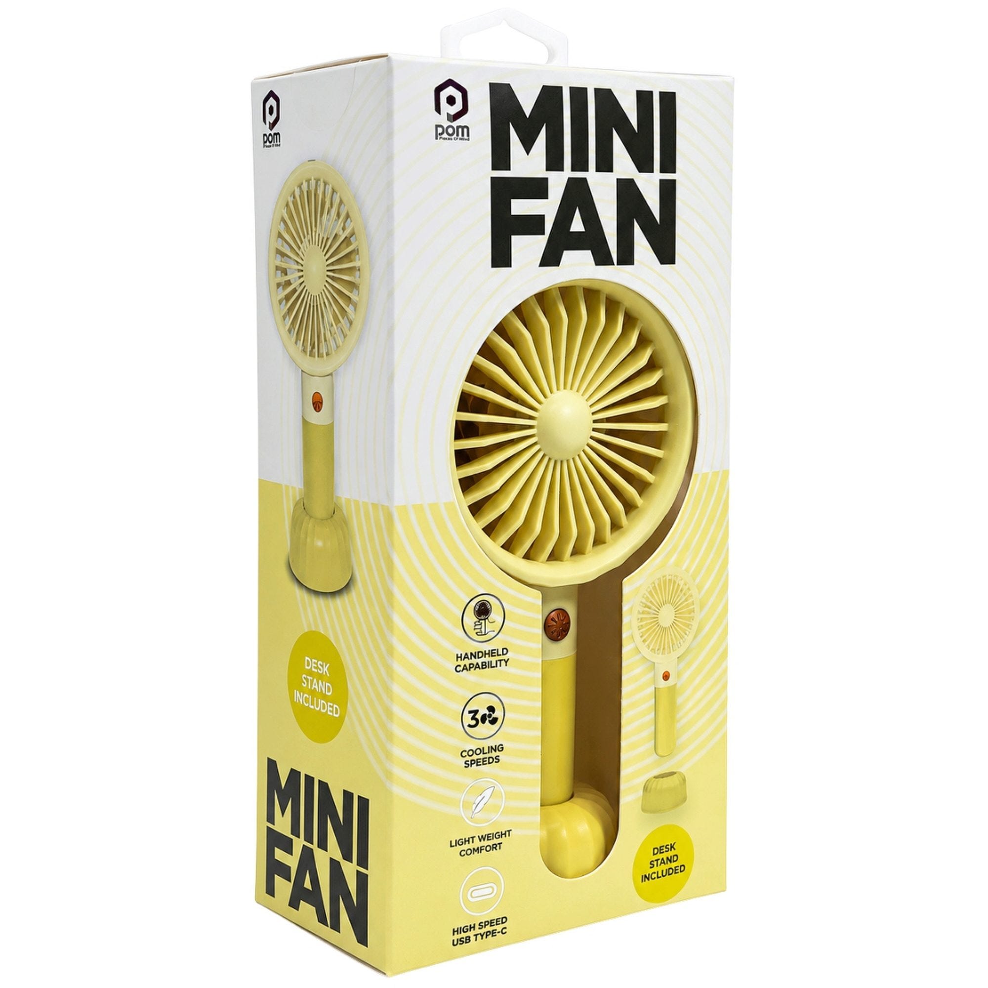 Bulk 12-Pack: POM Gear Rechargeable 3-Speed Mini Fan with Desk Stand in Yellow
