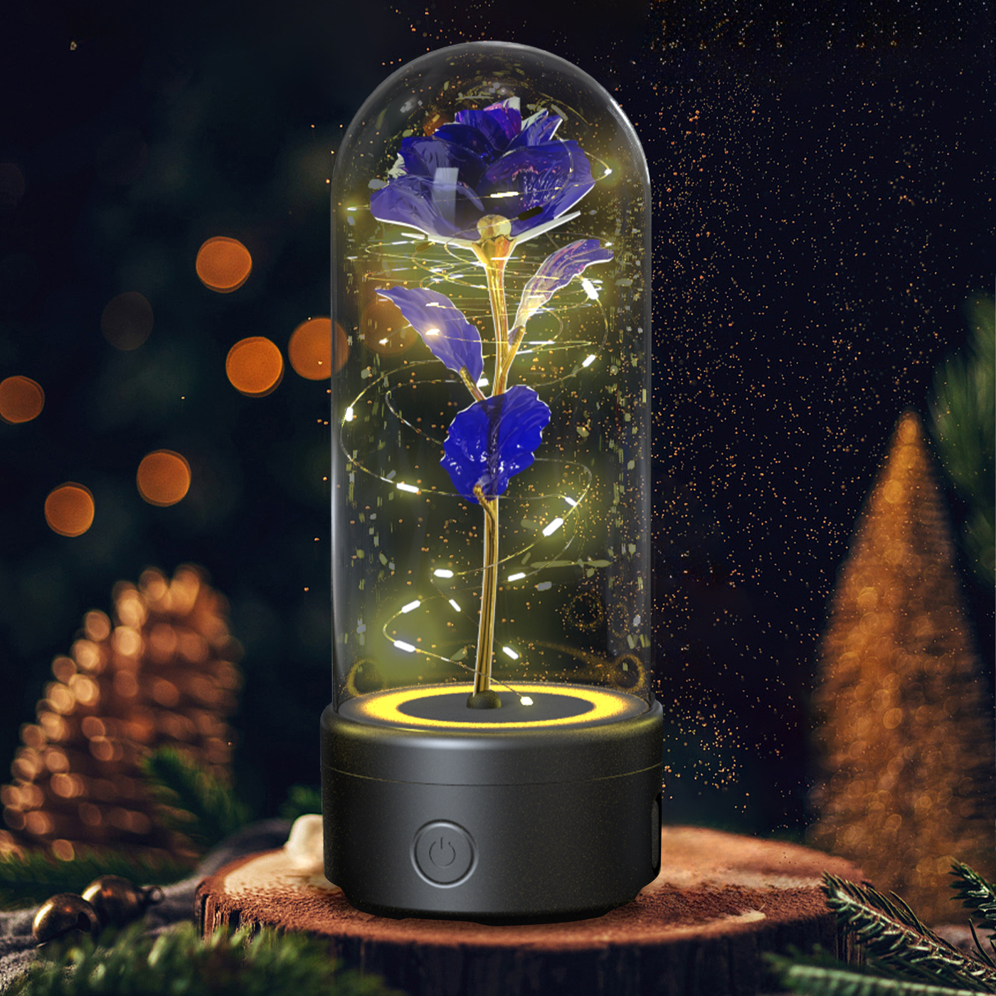 Creative 2 In 1 Rose Flowers LED Light And Bluetooth-compatible Speaker Valentine's Day Gift Rose Luminous Night Light Ornament In Glass Cover — Black Base Purple Flower