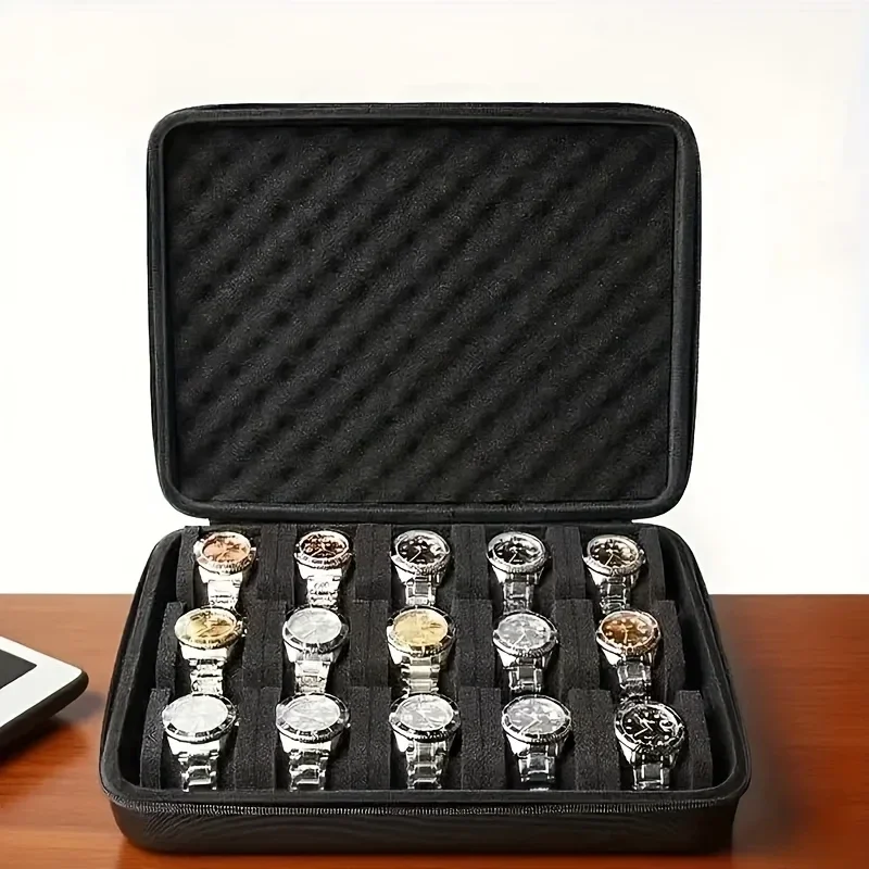 15-slot zip watch storage case, black — representative supplier photograph