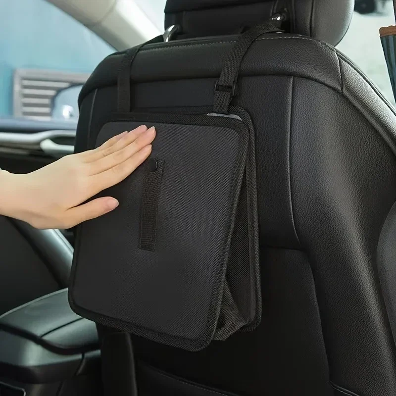 Hanging car trash bag with lid flap, black