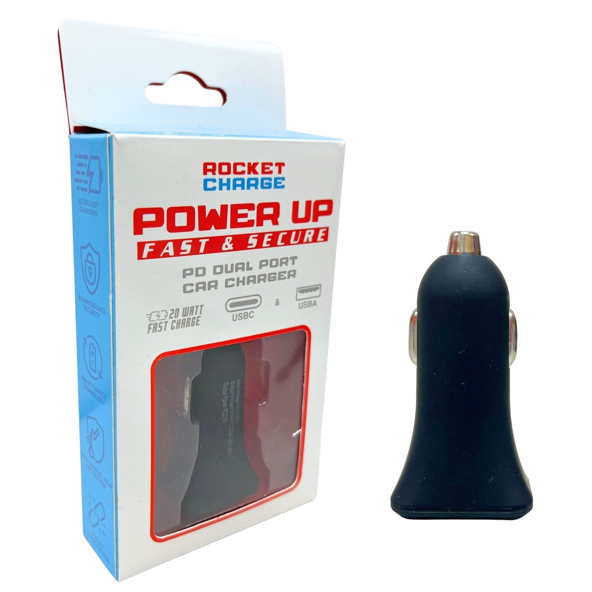 Bulk 26-Pack: Rocket Charge 18w Dual Port Car Charger with USB A and USB Type C Ports