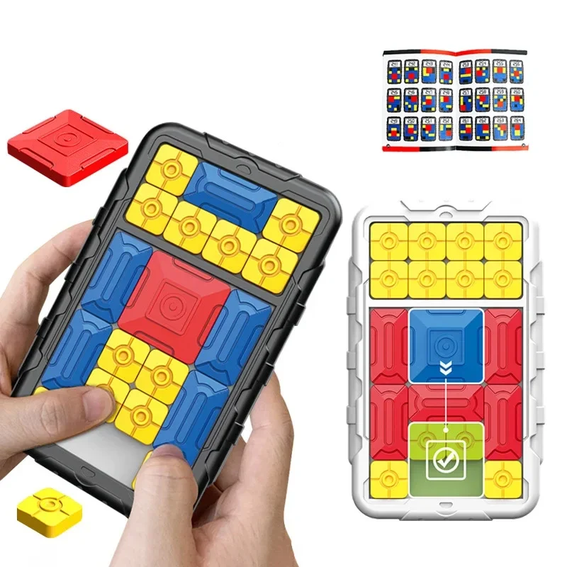 Sliding block escape puzzle with 500 challenge cards, magnetic sliders, white — representative supplier photograph