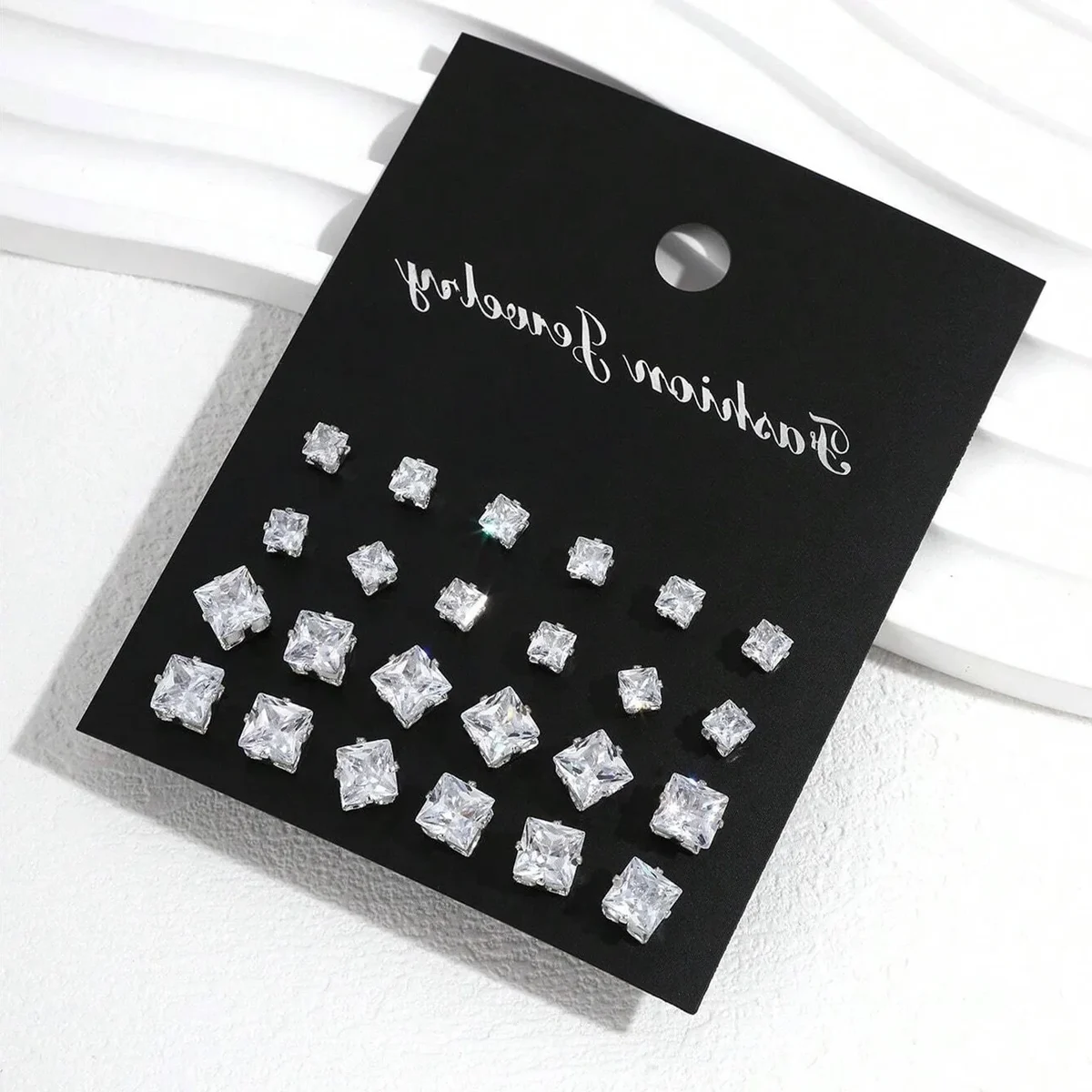 Cubic zirconia stud earring set, 12 pairs in mixed sizes