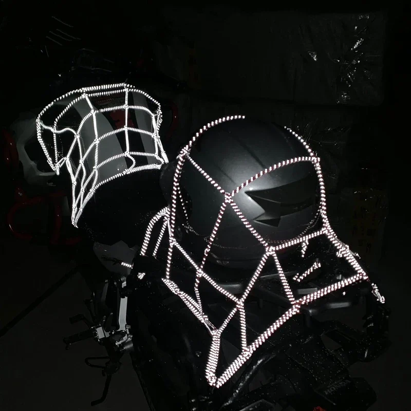 Elastic motorcycle helmet net with hooks, 40 x 40 cm, plain or reflective — representative supplier photograph