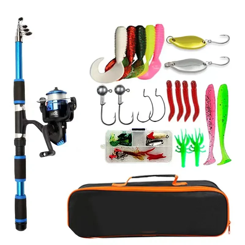 Telescopic fishing rod and spinning reel starter kit, 1.8 m, with lures and bag — representative supplier photograph