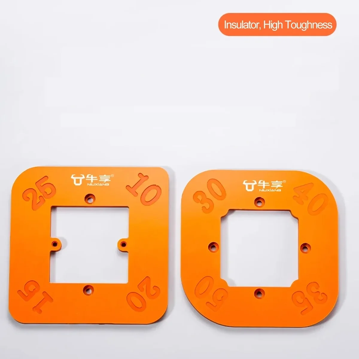 Router corner radius template jigs with stop plates, R10 to R50 — representative supplier photograph